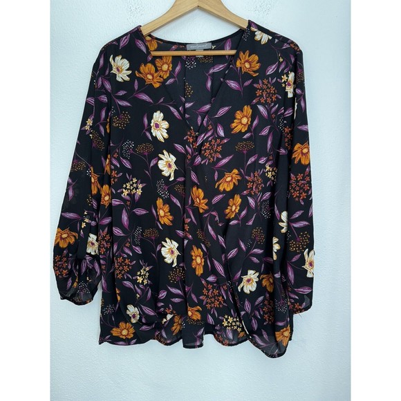 Peace & Pearls Faux Wrap Blouse size  2X Roll Tab Sleeve Floral Office Mod EUC - Picture 1 of 7